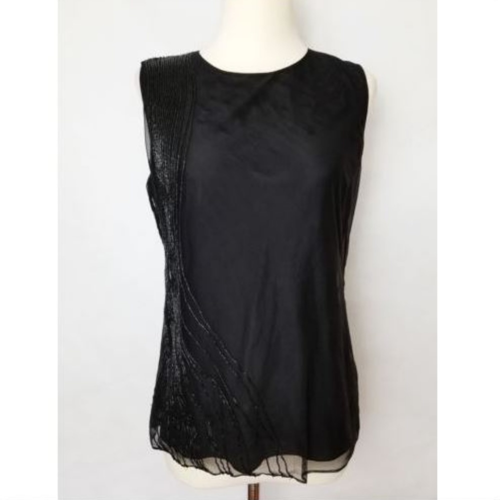 DKNY Black Silk Beaded Mesh Layered Sleeveless Top